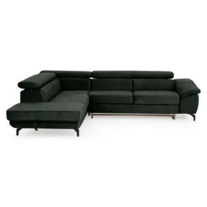 LANDIS Dark Green Extendable Corner Sofa, Left/Right Chaise, Adjustable Headrests, Storage Compartment, Fabric