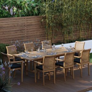 Teak Rectangle 180-240cm Extending Table 4cm Top - 8 Oxford Stacking Chairs - Cushions, Parasol and Cover Included