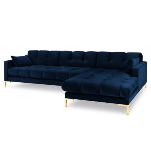 Royal blue/gold velvet corner sofa for 5 people Mamaia Right by Besolux